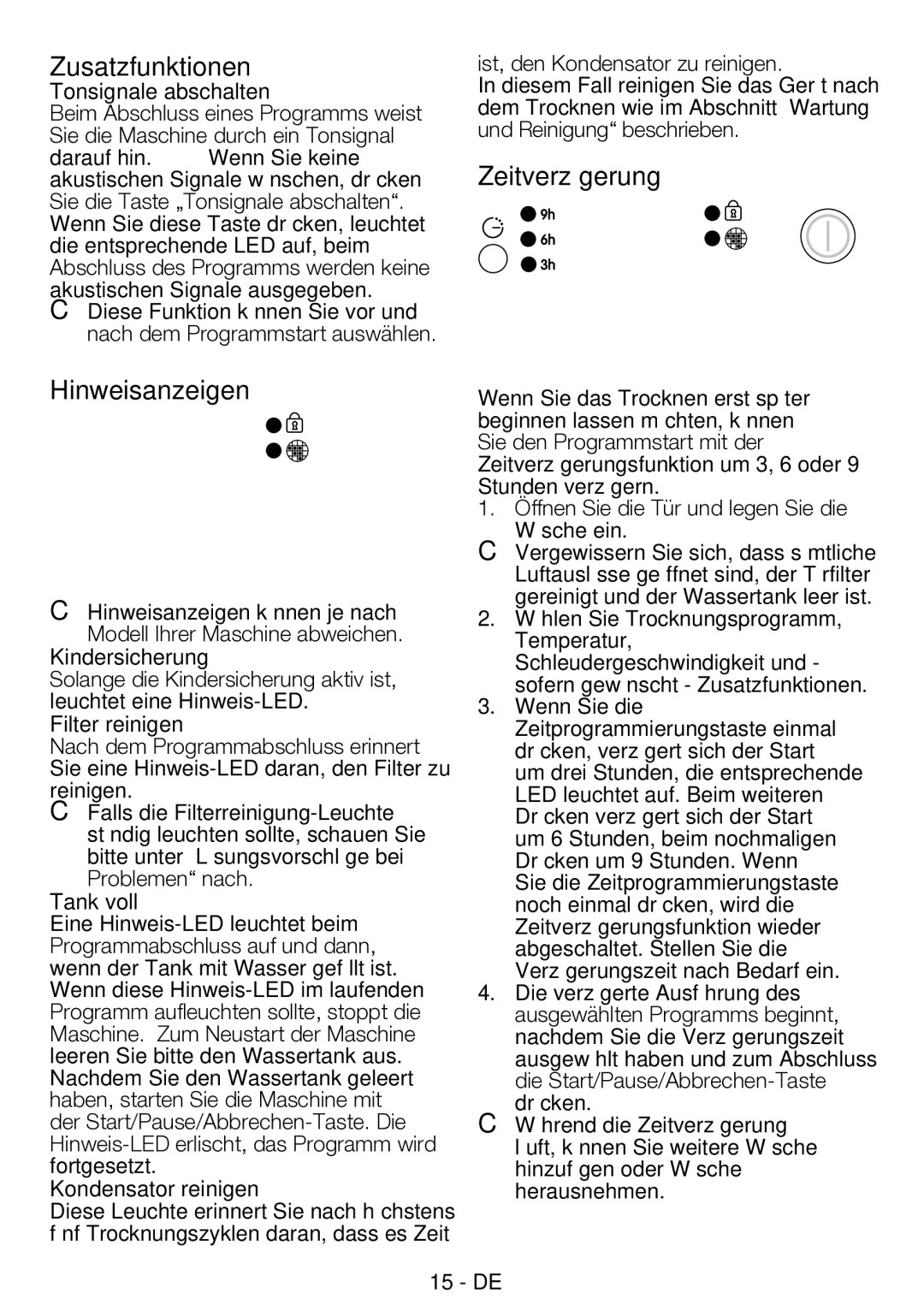 Blomberg TAF 7230 A manual Zusatzfunktionen, Zeitverzögerung Hinweisanzeigen 