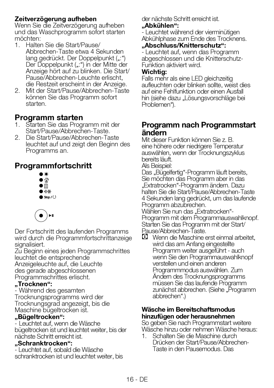 Blomberg TAF 7230 A manual Programm starten, Programmfortschritt, Programm nach Programmstart ändern 