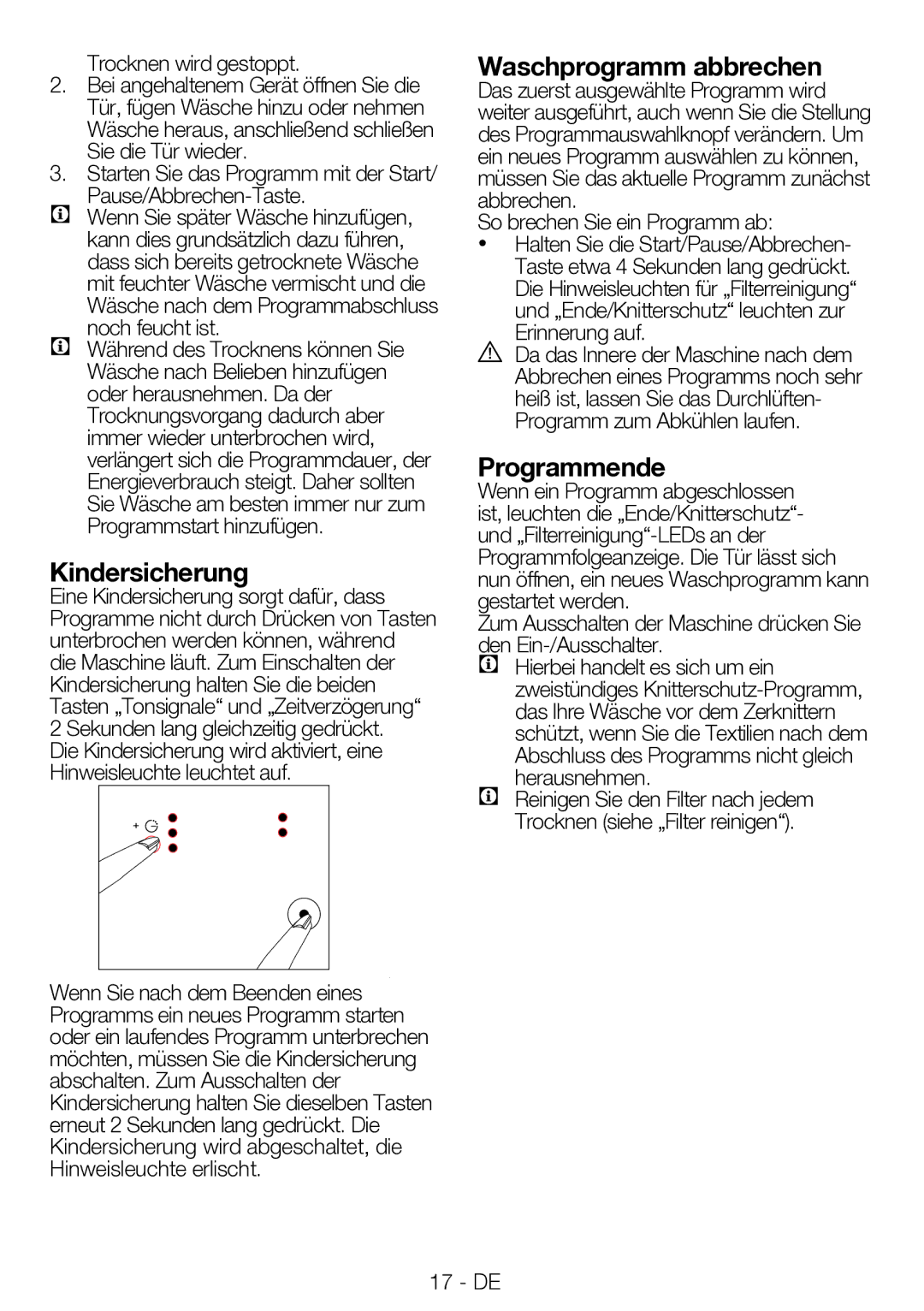 Blomberg TAF 7230 A manual Kindersicherung, Waschprogramm abbrechen, Programmende, Trocknen wird gestoppt 