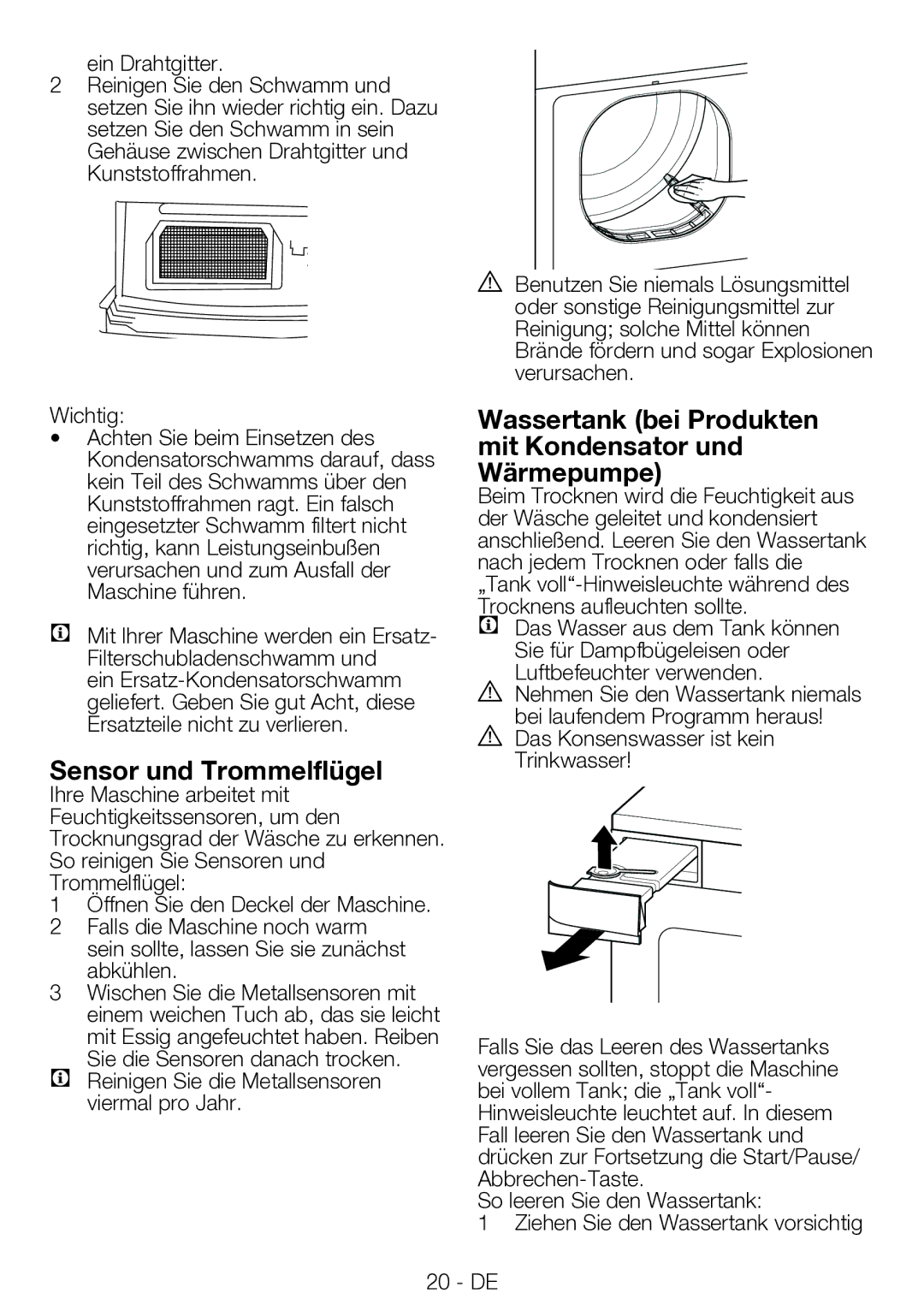 Blomberg TAF 7230 A manual Sensor und Trommelflügel, Wassertank bei Produkten mit Kondensator und Wärmepumpe 