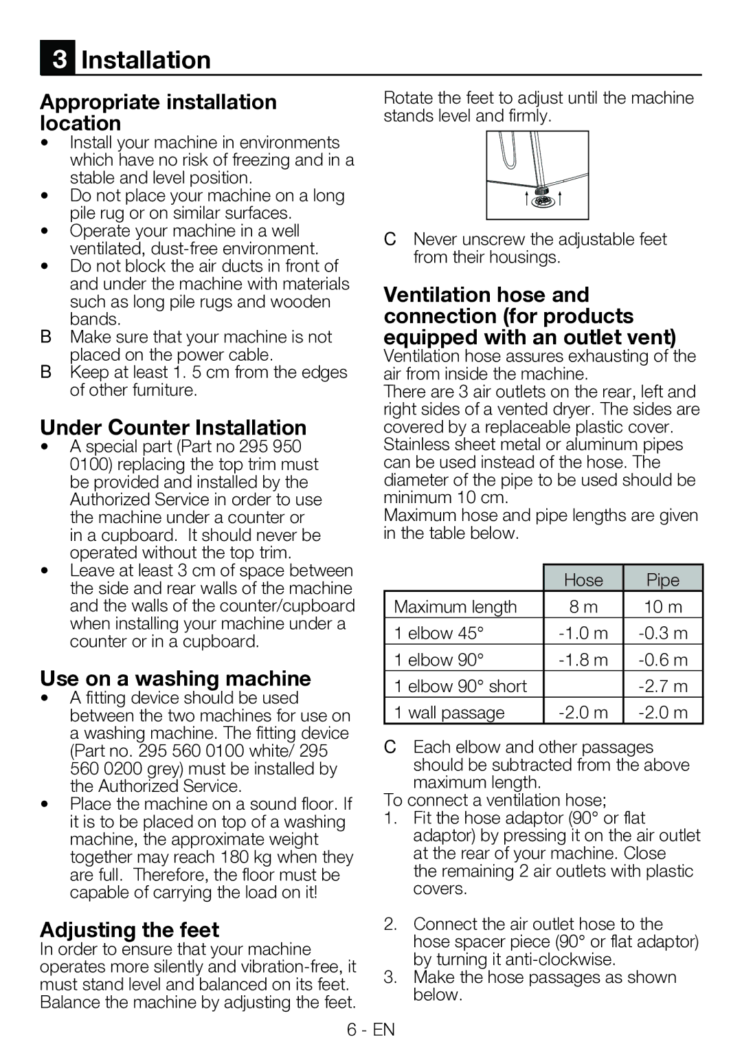 Blomberg TAF 7230 A manual Appropriate installation location, Under Counter Installation, Use on a washing machine 