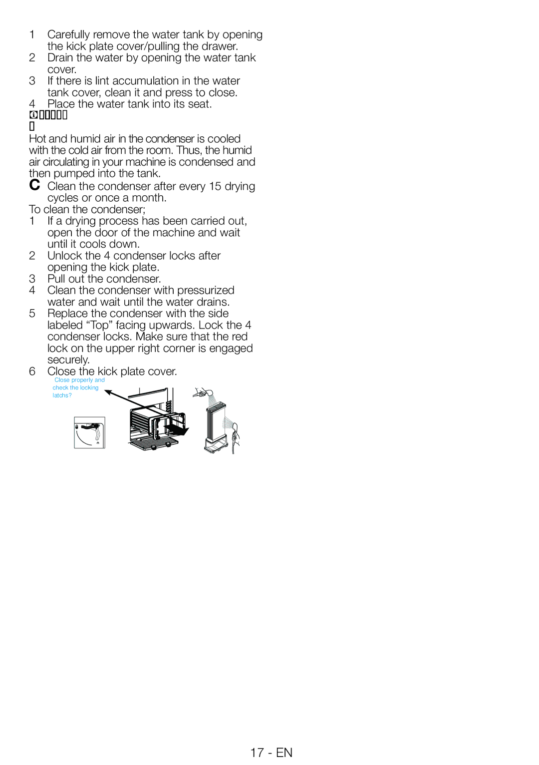 Blomberg TAF 7239 manual Drain the water by opening the water tank cover, Place the water tank into its seat 