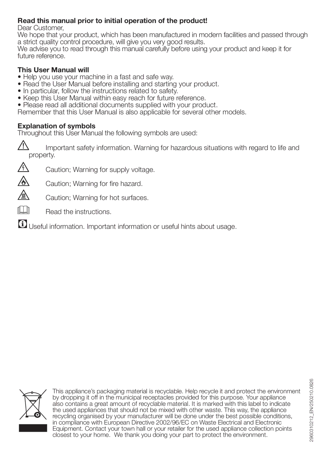 Blomberg TAF 7239 Read this manual prior to initial operation of the product, Explanation of symbols 