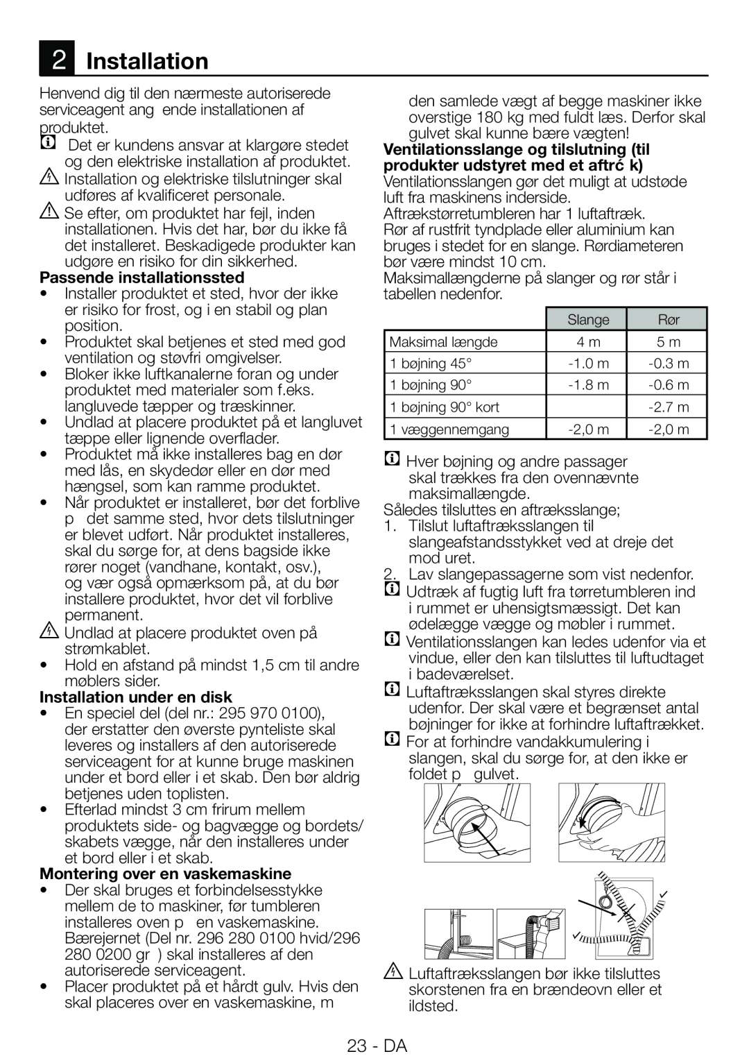 Blomberg TAF 7239 manual Passende installationssted, Installation under en disk, Montering over en vaskemaskine 