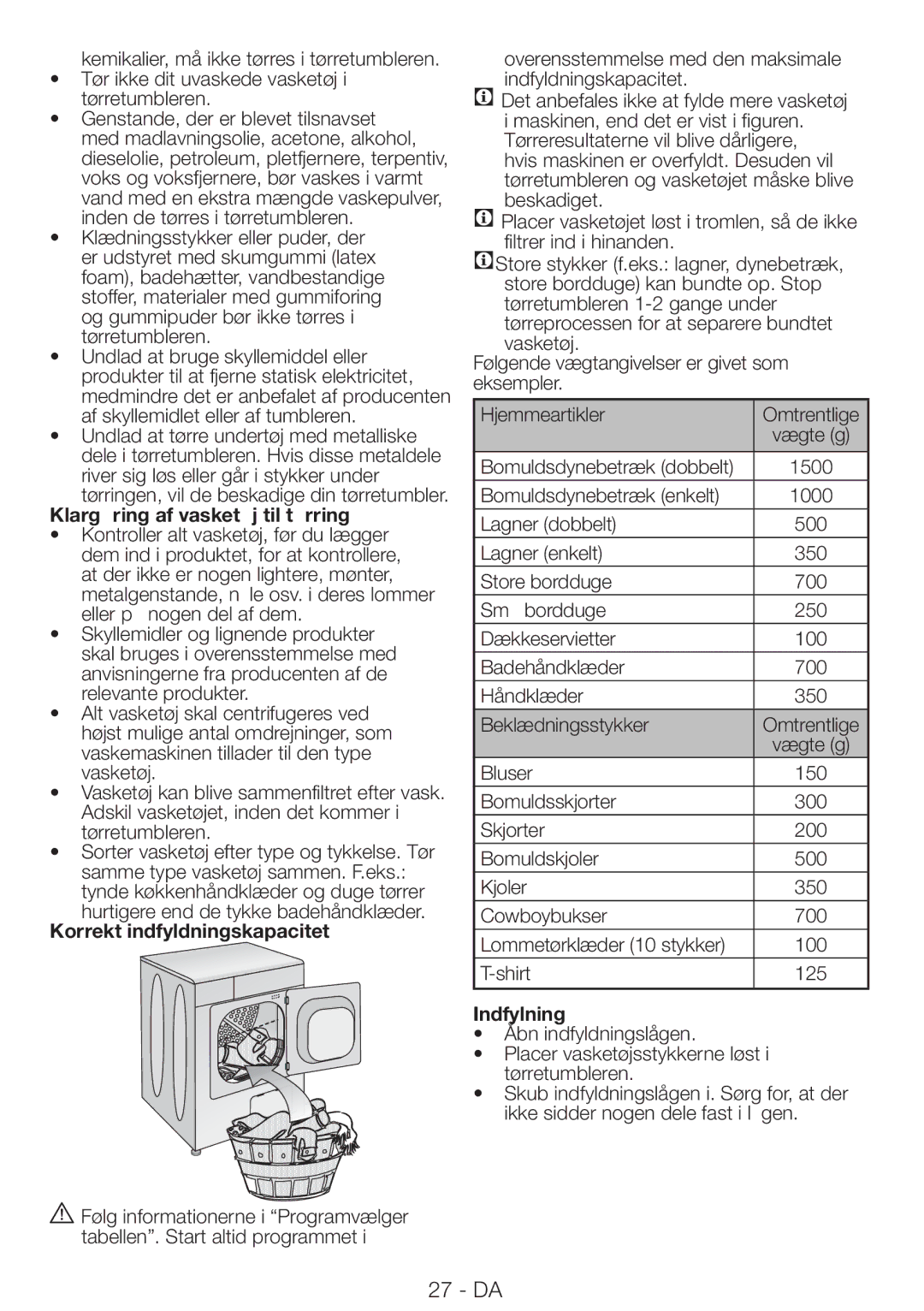 Blomberg TAF 7239 manual Klargøring af vasketøj til tørring, Korrekt indfyldningskapacitet, Indfylning 