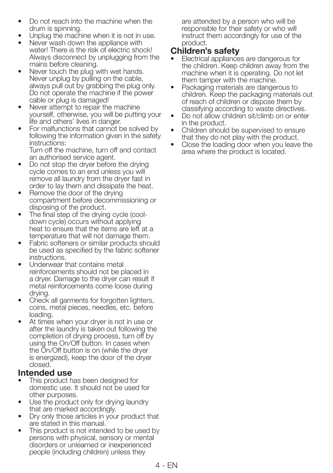 Blomberg TAF 7239 manual Intended use, Children’s safety, Do not allow children sit/climb on or enter in the product 