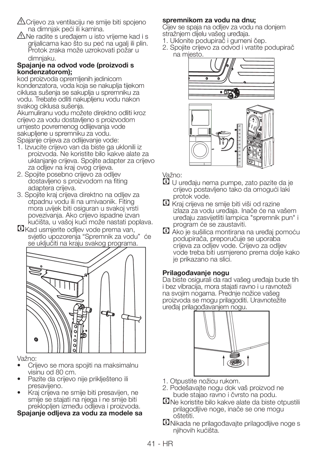 Blomberg TAF 7239 manual Dimnjaku, Spajanje na odvod vode proizvodi s kondenzatorom, Prilagođavanje nogu 