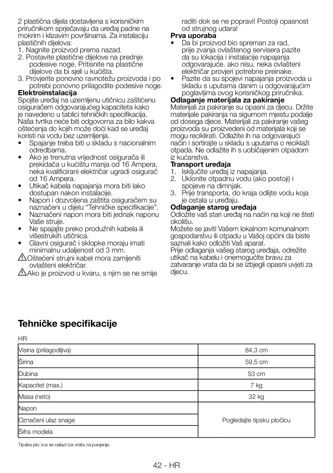 Blomberg TAF 7239 manual Nagnite proizvod prema nazad, Elektroinstalacija, Prva uporaba, Odlaganje starog uređaja 