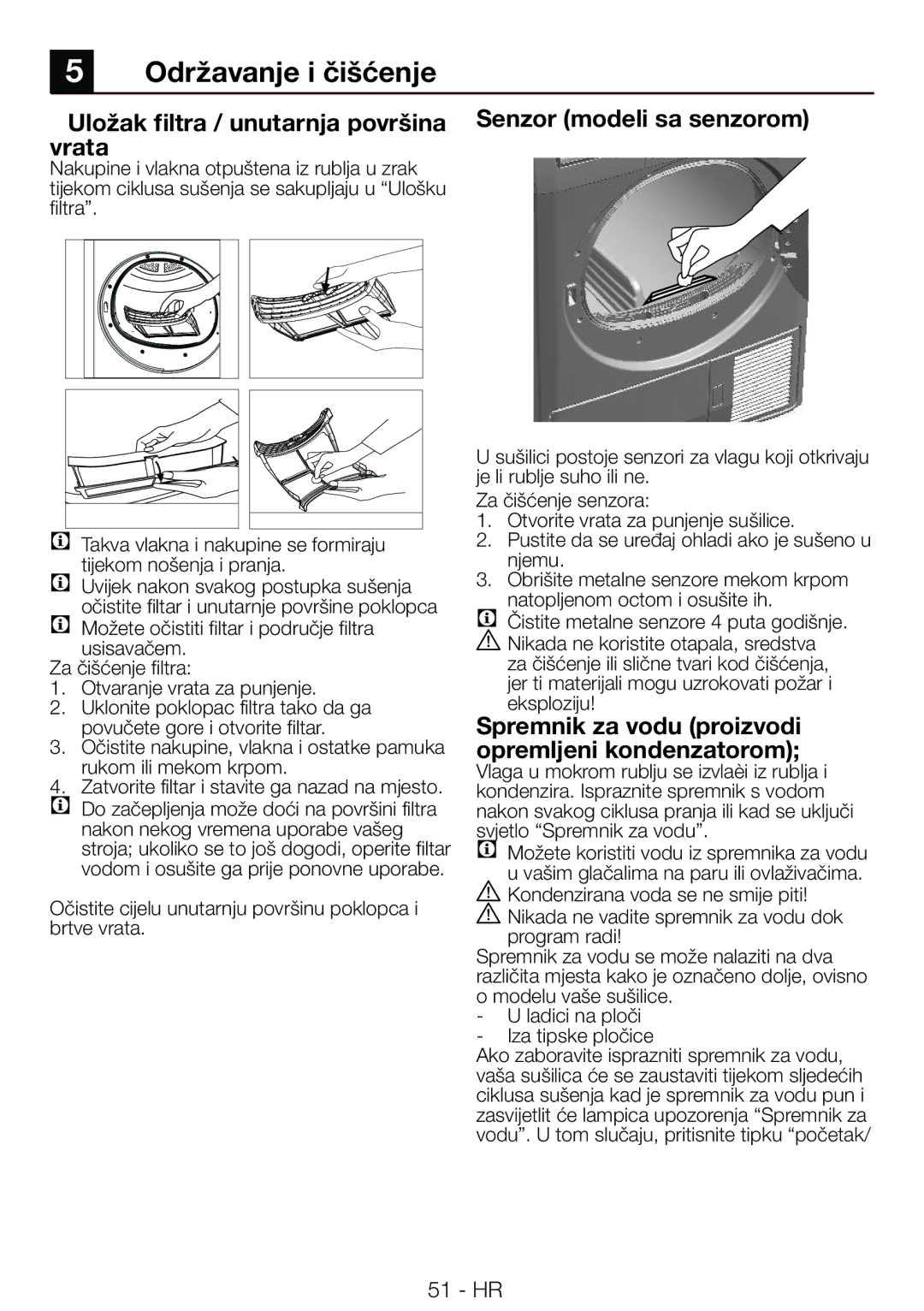 Blomberg TAF 7239 manual Održavanje i čišćenje, Uložak filtra / unutarnja površina vrata, Senzor modeli sa senzorom 