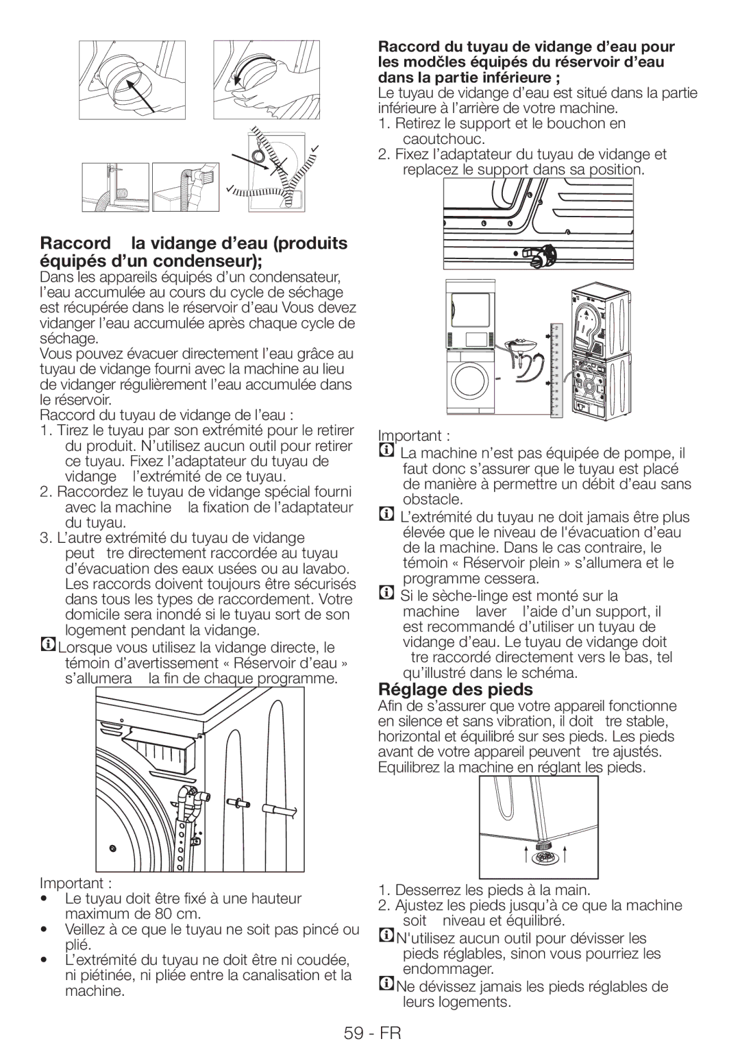 Blomberg TAF 7239 manual Raccord à la vidange d’eau produits équipés d’un condenseur, Réglage des pieds 