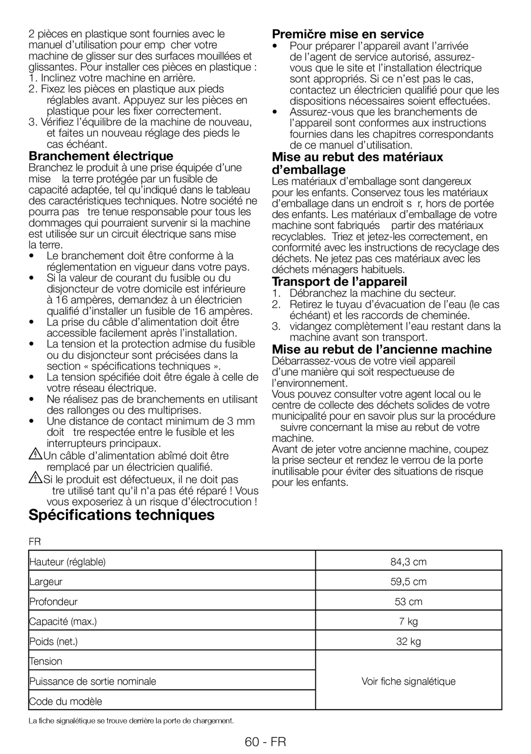 Blomberg TAF 7239 manual Branchement électrique, Première mise en service, Mise au rebut des matériaux d’emballage 