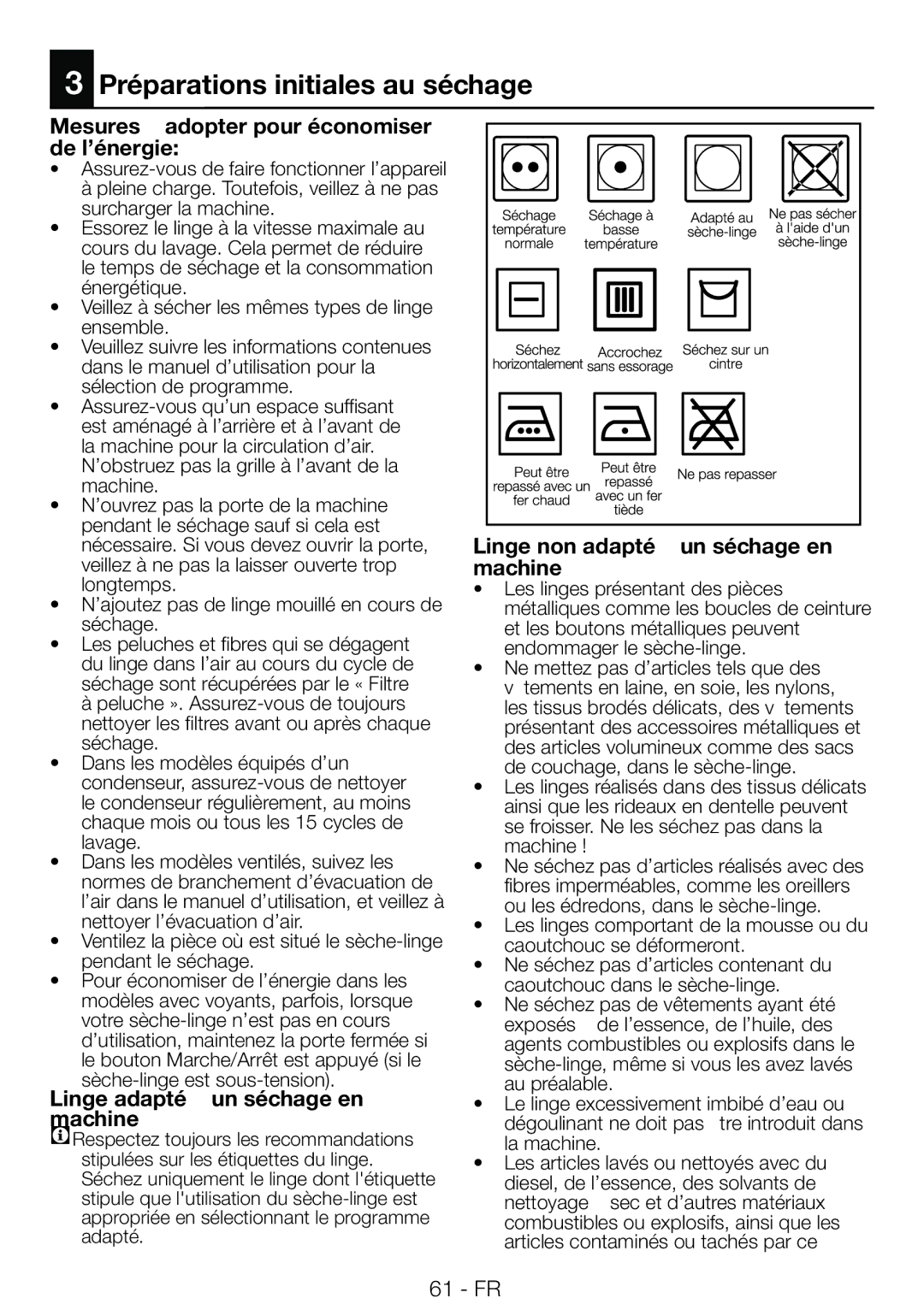 Blomberg TAF 7239 manual Préparations initiales au séchage, Mesures à adopter pour économiser de l’énergie 