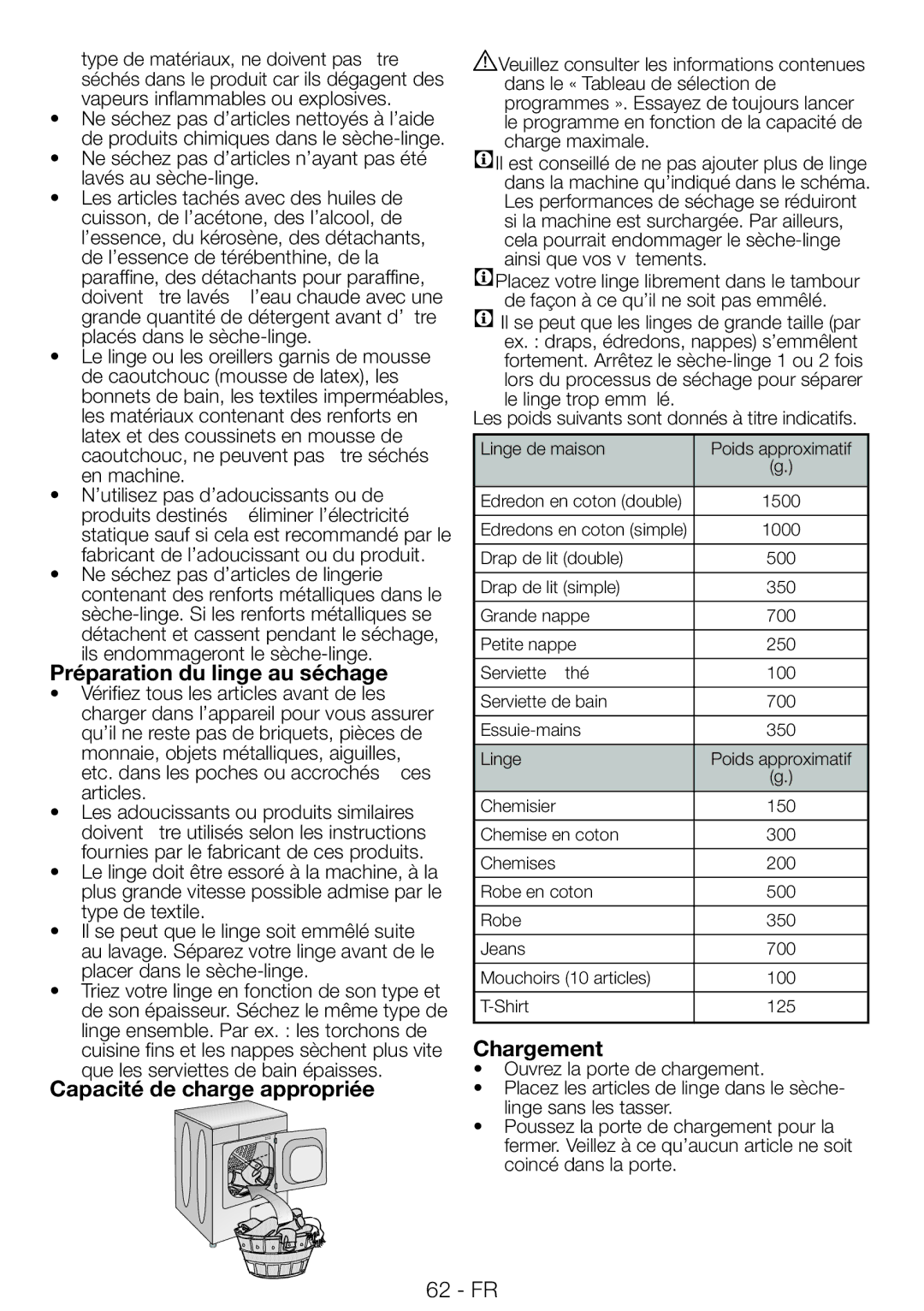 Blomberg TAF 7239 manual Préparation du linge au séchage, Capacité de charge appropriée, Chargement 