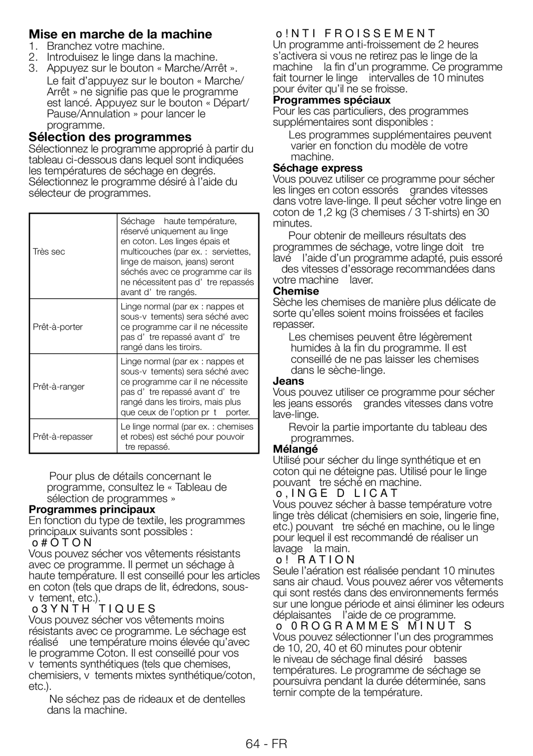 Blomberg TAF 7239 manual Mise en marche de la machine, Sélection des programmes 