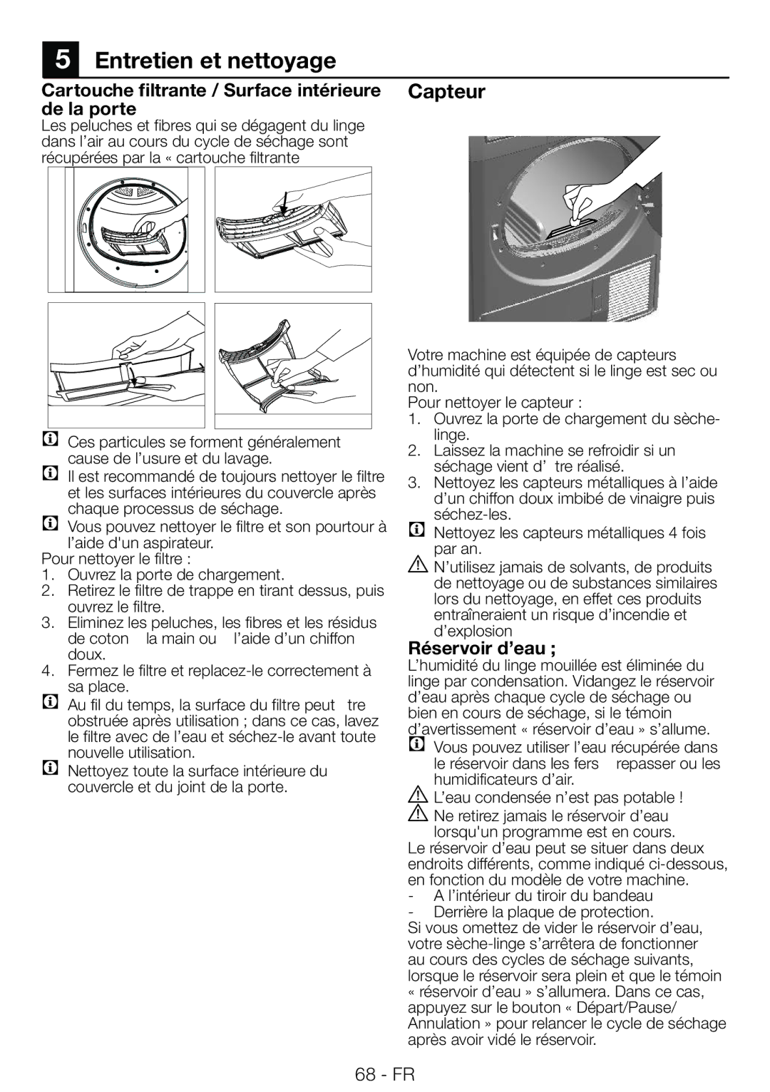 Blomberg TAF 7239 Entretien et nettoyage, Capteur, Cartouche filtrante / Surface intérieure de la porte, Réservoir d’eau 