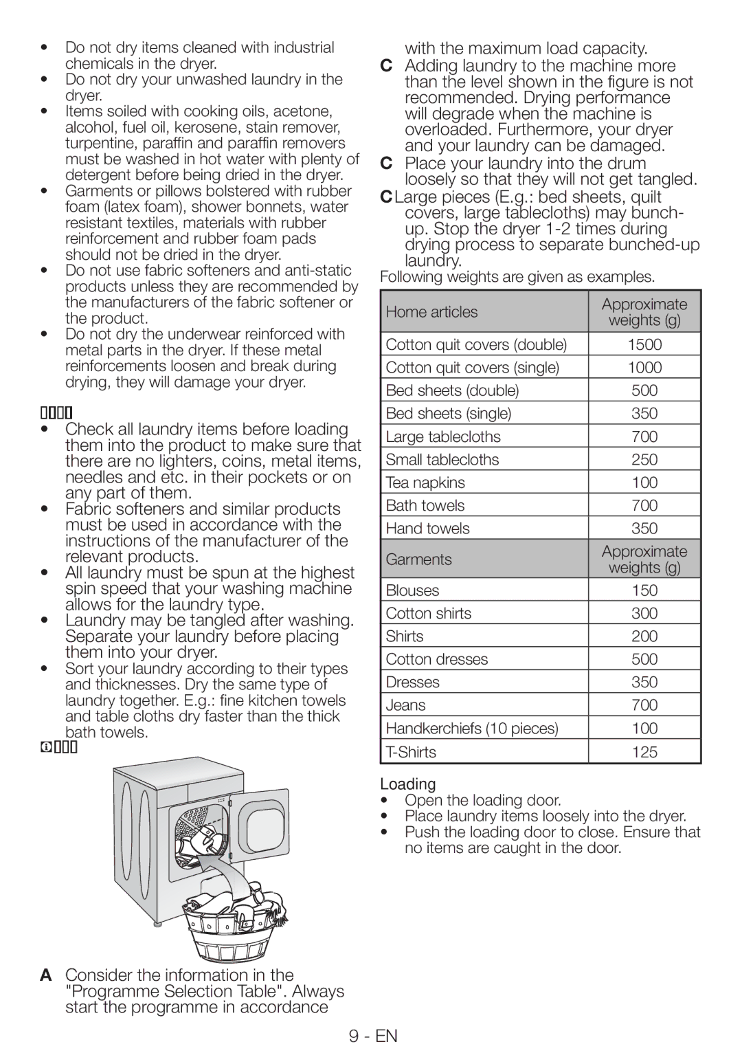 Blomberg TAF 7239 manual Preparing laundry for drying, Correct load capacity, Loading 