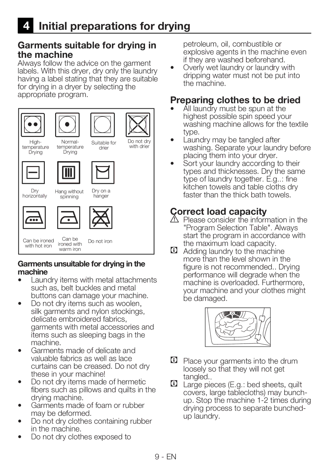 Blomberg TKF 7230 Initial preparations for drying, Garments suitable for drying in the machine, Correct load capacity 