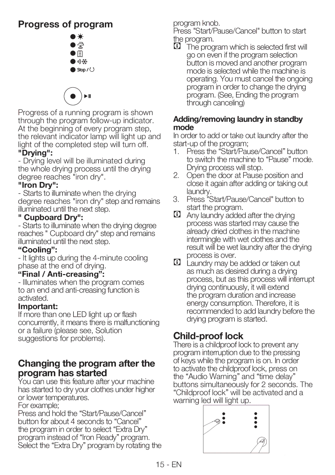 Blomberg TKF 7230 manual Progress of program, Changing the program after the program has started, Child-proof lock 