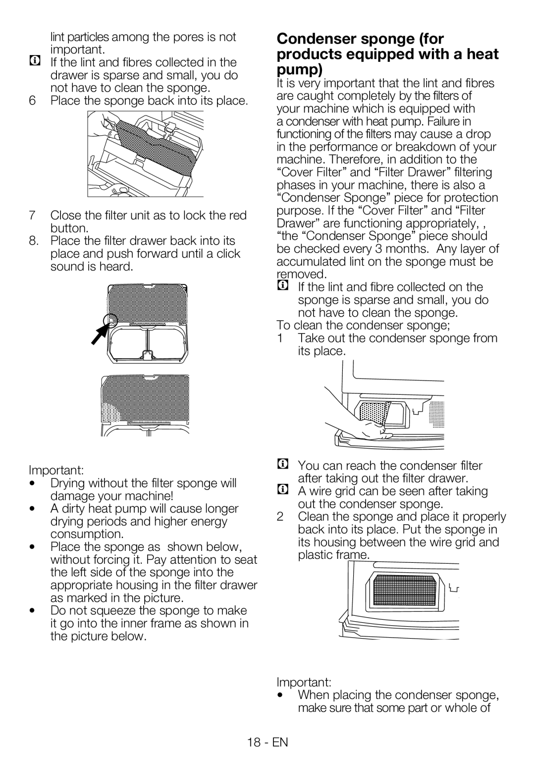 Blomberg TKF 7230 manual Condenser sponge for products equipped with a heat pump 