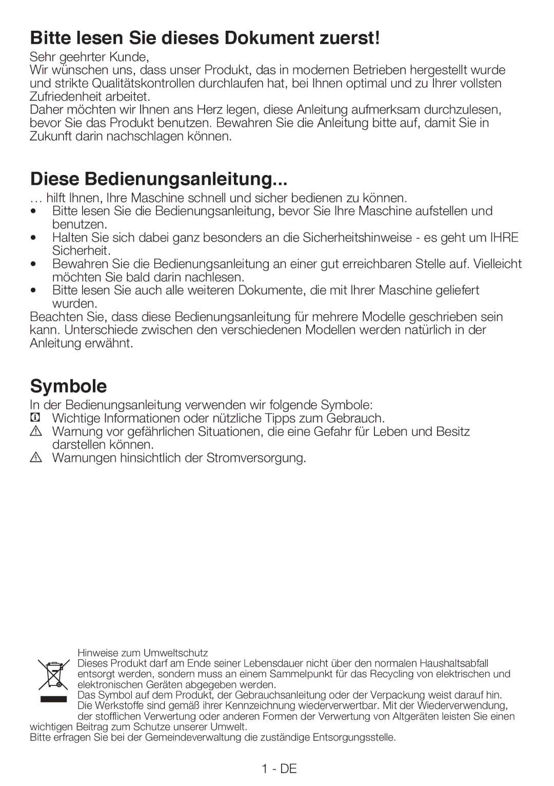 Blomberg TKF 7230 manual Bitte lesen Sie dieses Dokument zuerst, Diese Bedienungsanleitung, Symbole 