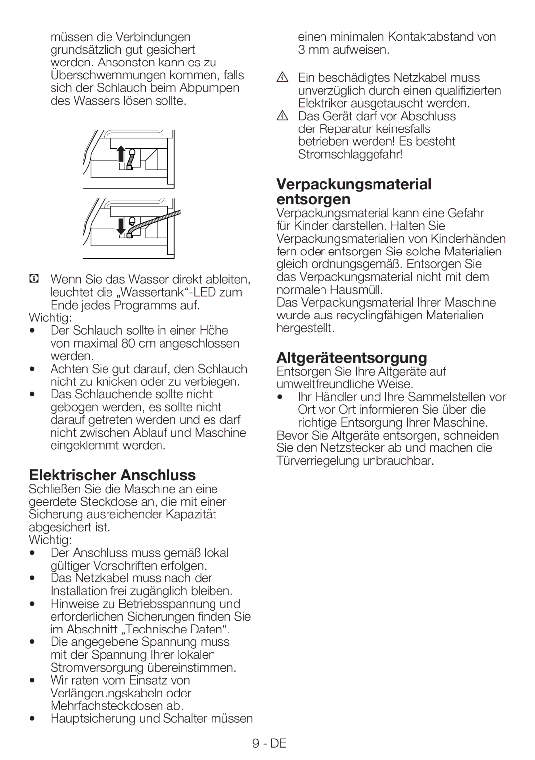 Blomberg TKF 7230 manual Verpackungsmaterial, Entsorgen, Altgeräteentsorgung, Elektrischer Anschluss 