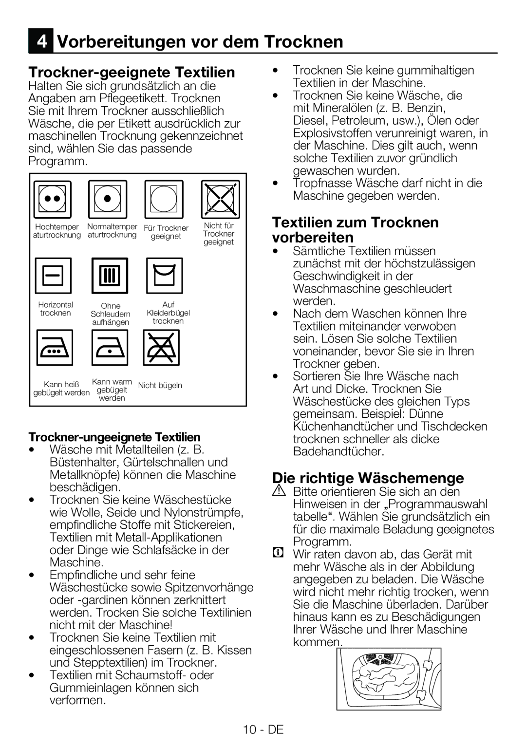 Blomberg TKF 7230 manual Vorbereitungen vor dem Trocknen, Trockner-geeignete Textilien, Textilien zum Trocknen vorbereiten 