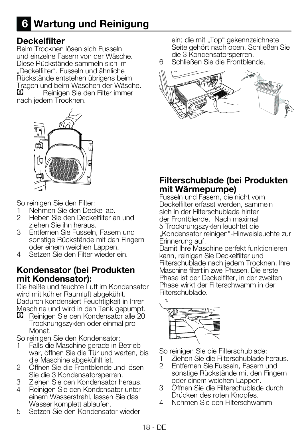 Blomberg TKF 7230 manual Wartung und Reinigung, Deckelfilter, Kondensator bei Produkten mit Kondensator 