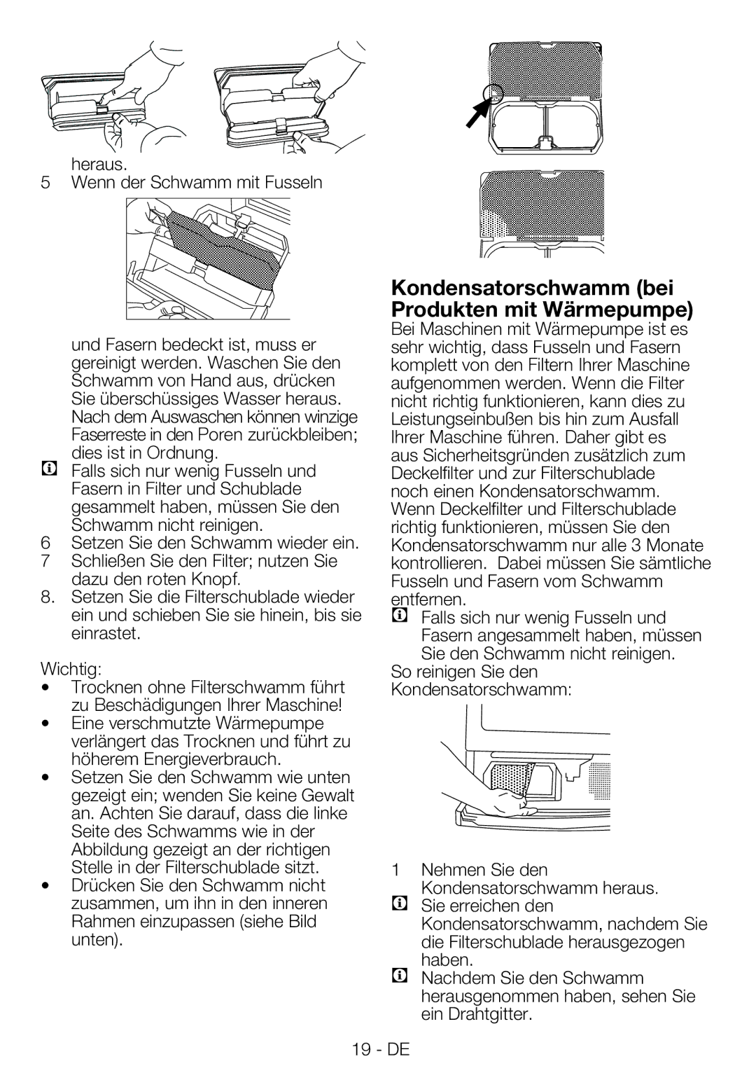 Blomberg TKF 7230 manual Kondensatorschwamm bei Produkten mit Wärmepumpe 