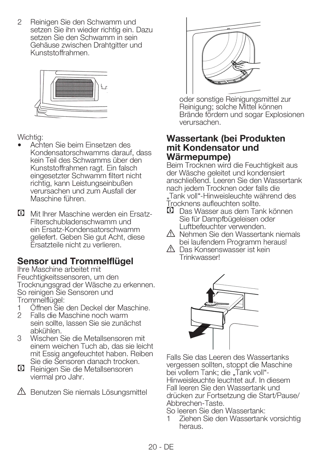 Blomberg TKF 7230 manual Sensor und Trommelflügel, Wassertank bei Produkten mit Kondensator und Wärmepumpe 