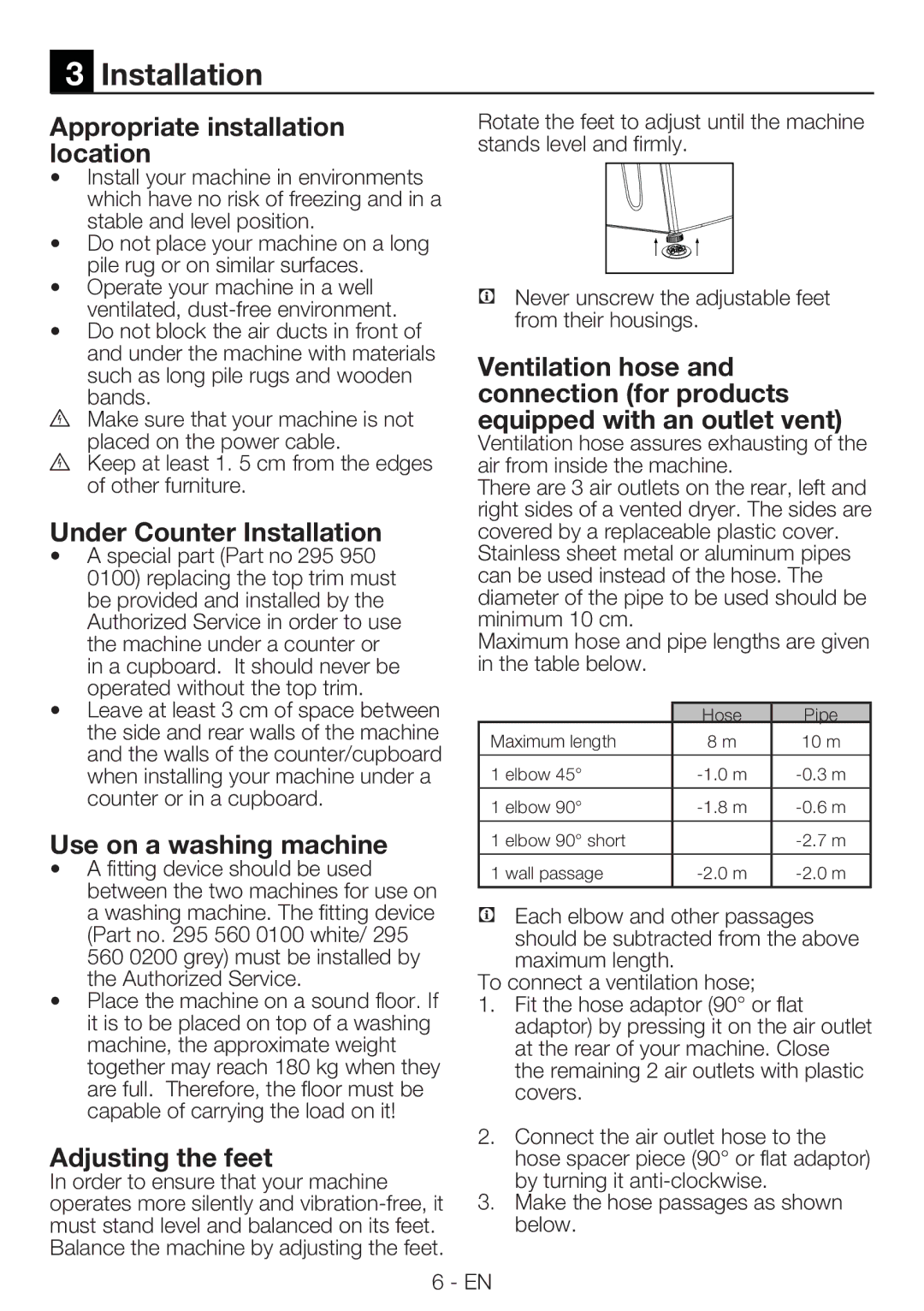 Blomberg TKF 7230 manual Appropriate installation location, Under Counter Installation, Use on a washing machine 