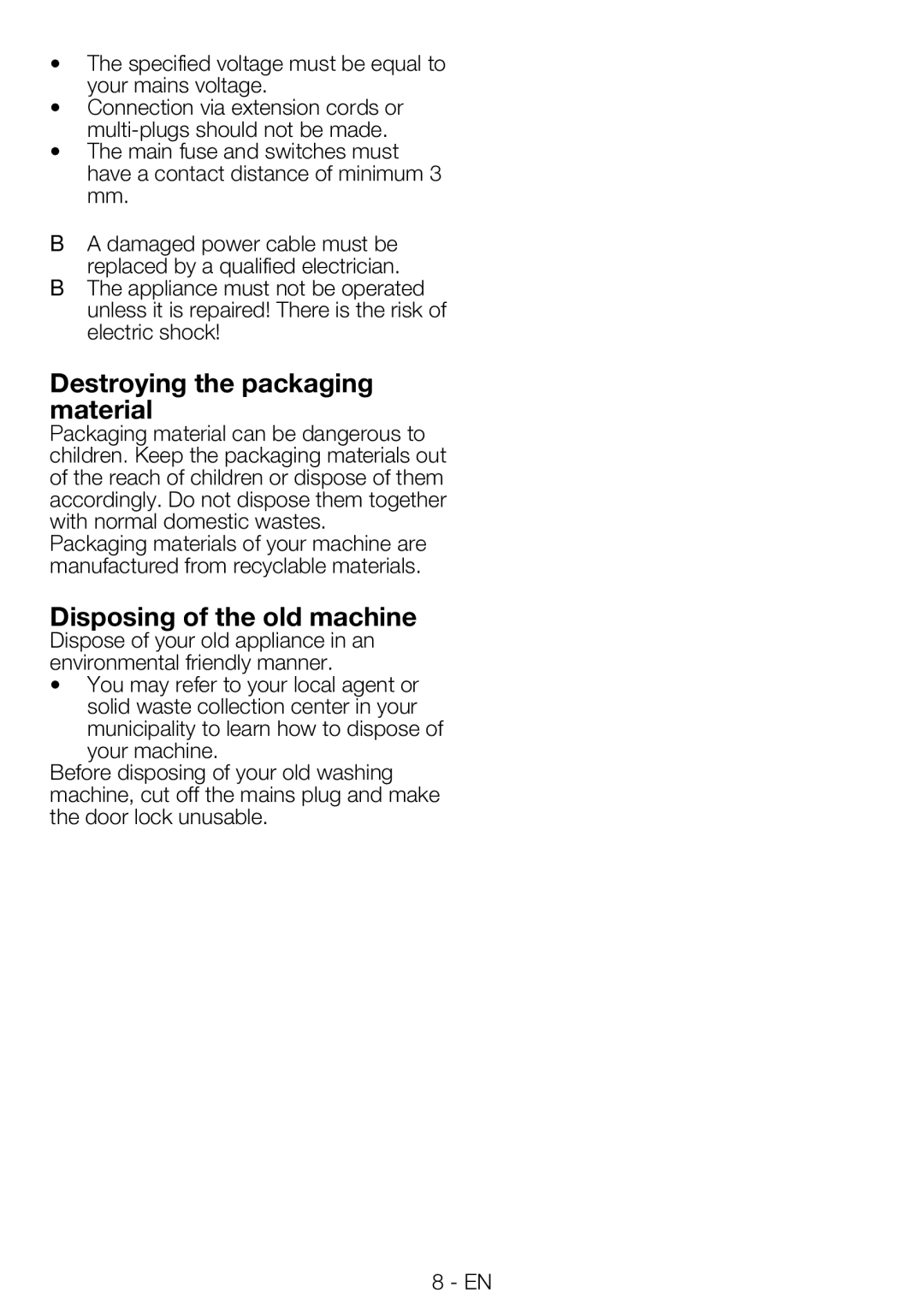 Blomberg TKF 7230 manual Destroying the packaging material, Disposing of the old machine 