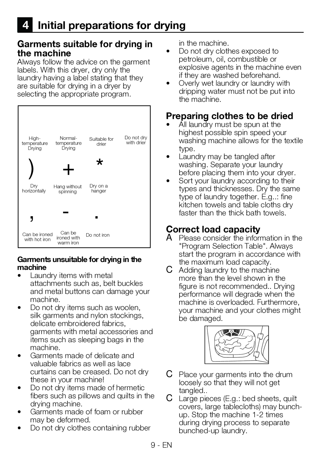 Blomberg TKF 7330 A Initial preparations for drying, Garments suitable for drying in the machine, Correct load capacity 