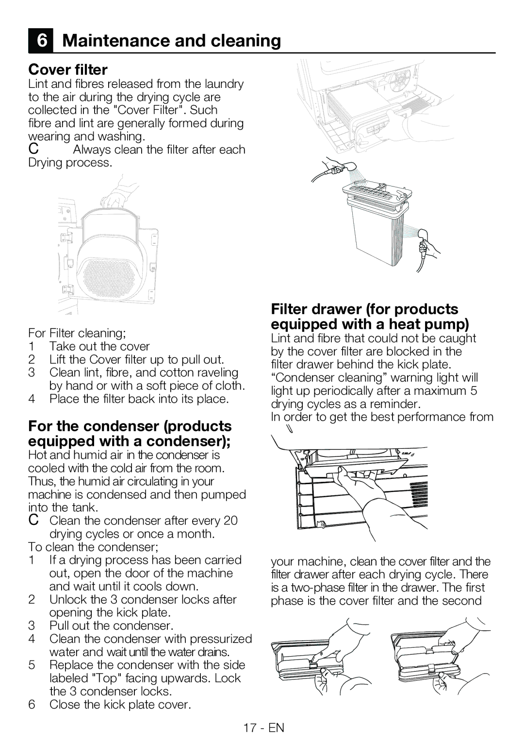 Blomberg TKF 7330 A manual Maintenance and cleaning, Cover filter, For the condenser products equipped with a condenser 