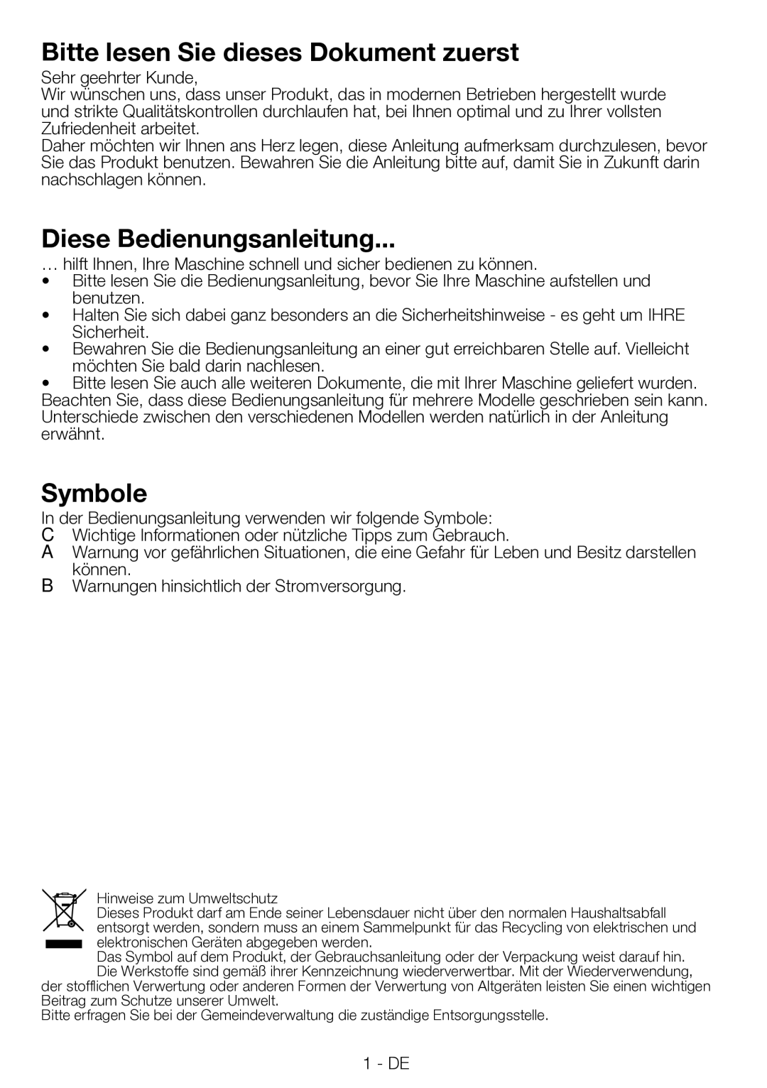 Blomberg TKF 7330 A manual Bitte lesen Sie dieses Dokument zuerst, Diese Bedienungsanleitung, Symbole 