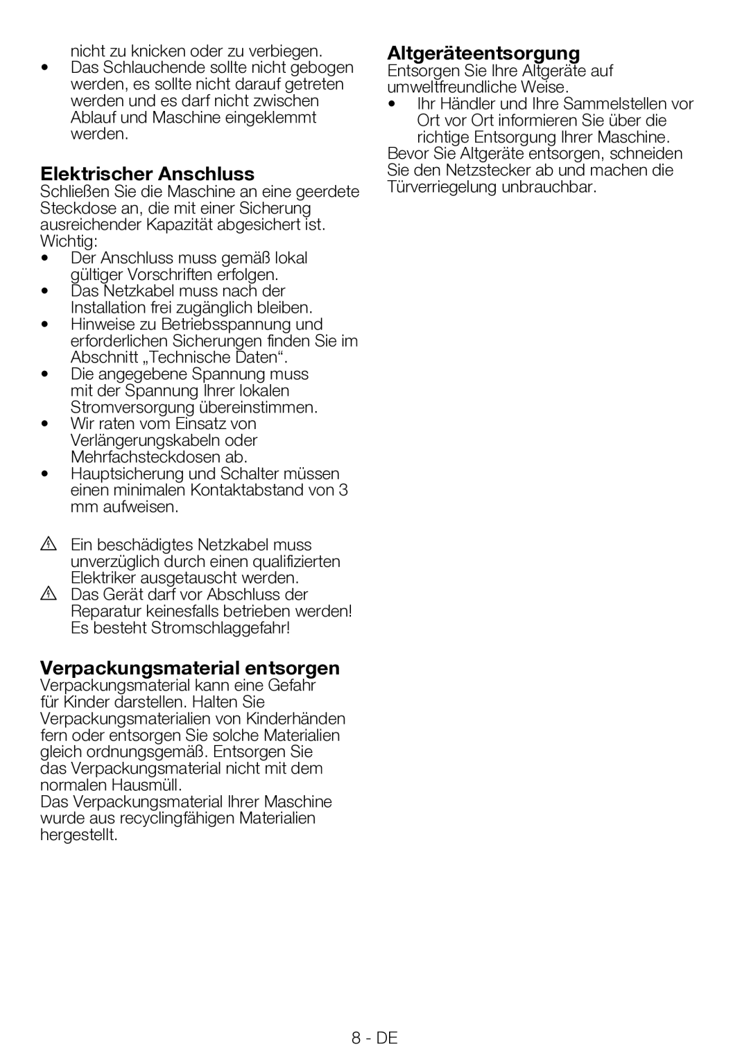 Blomberg TKF 7330 A manual Elektrischer Anschluss, Verpackungsmaterial entsorgen, Altgeräteentsorgung 