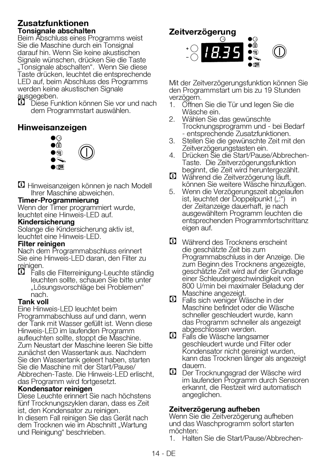 Blomberg TKF 7330 A manual Zusatzfunktionen, Hinweisanzeigen, Zeitverzögerung, „Lösungsvorschläge bei Problemen nach 