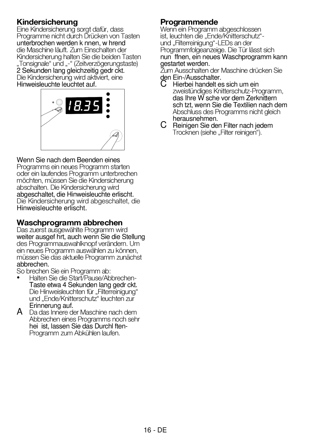 Blomberg TKF 7330 A manual Kindersicherung, Waschprogramm abbrechen, Programmende 