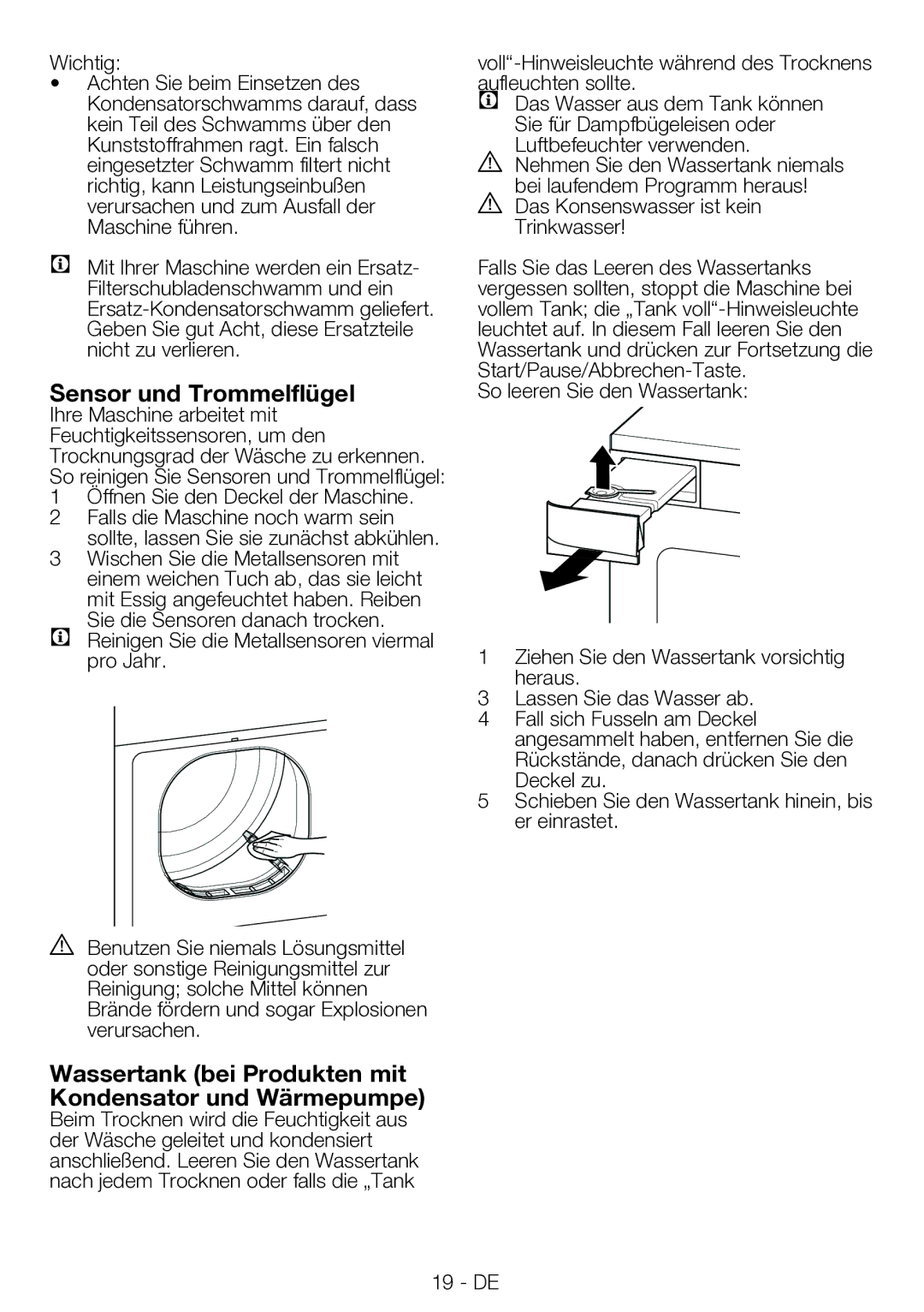 Blomberg TKF 7330 A manual Sensor und Trommelflügel, Wassertank bei Produkten mit Kondensator und Wärmepumpe 