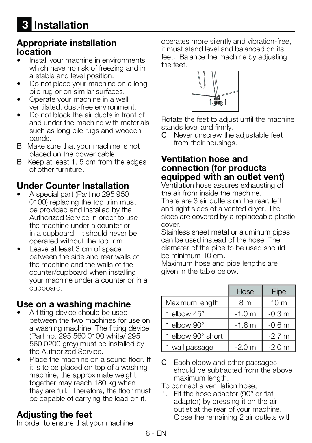 Blomberg TKF 7330 A manual Appropriate installation location, Under Counter Installation, Use on a washing machine 