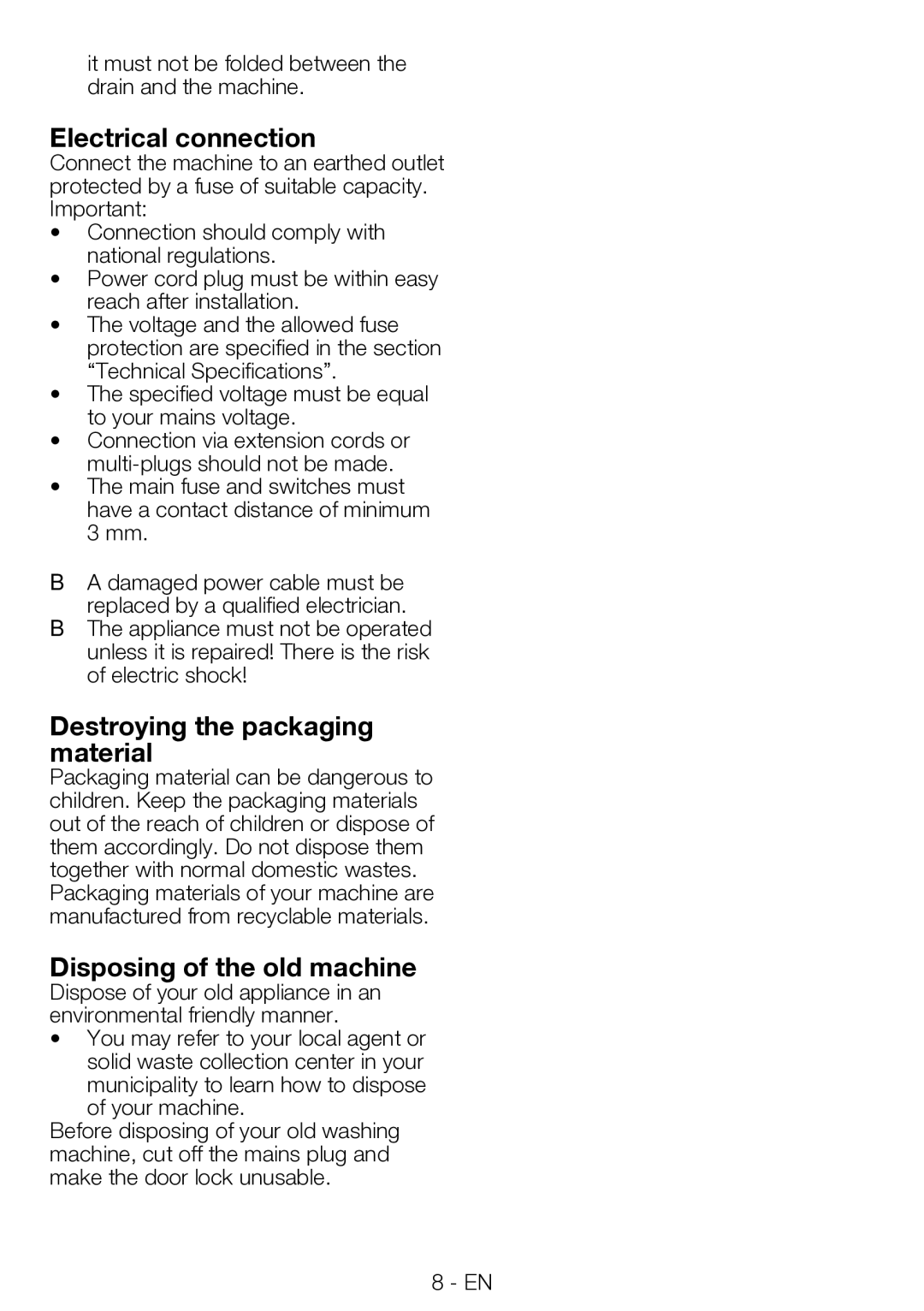 Blomberg TKF 7330 A manual Electrical connection, Destroying the packaging material, Disposing of the old machine 