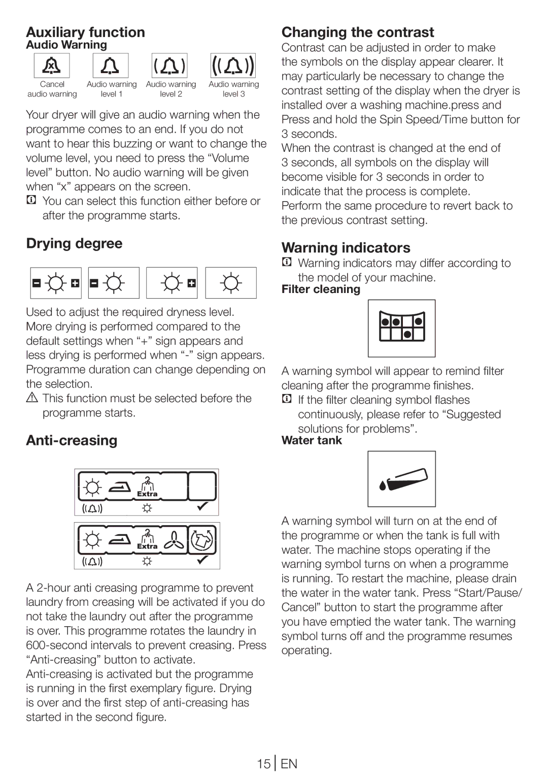 Blomberg TKF 8431 S, TKF 8431 A manual Auxiliary function, Changing the contrast, Drying degree, Anti-creasing, 15 EN 