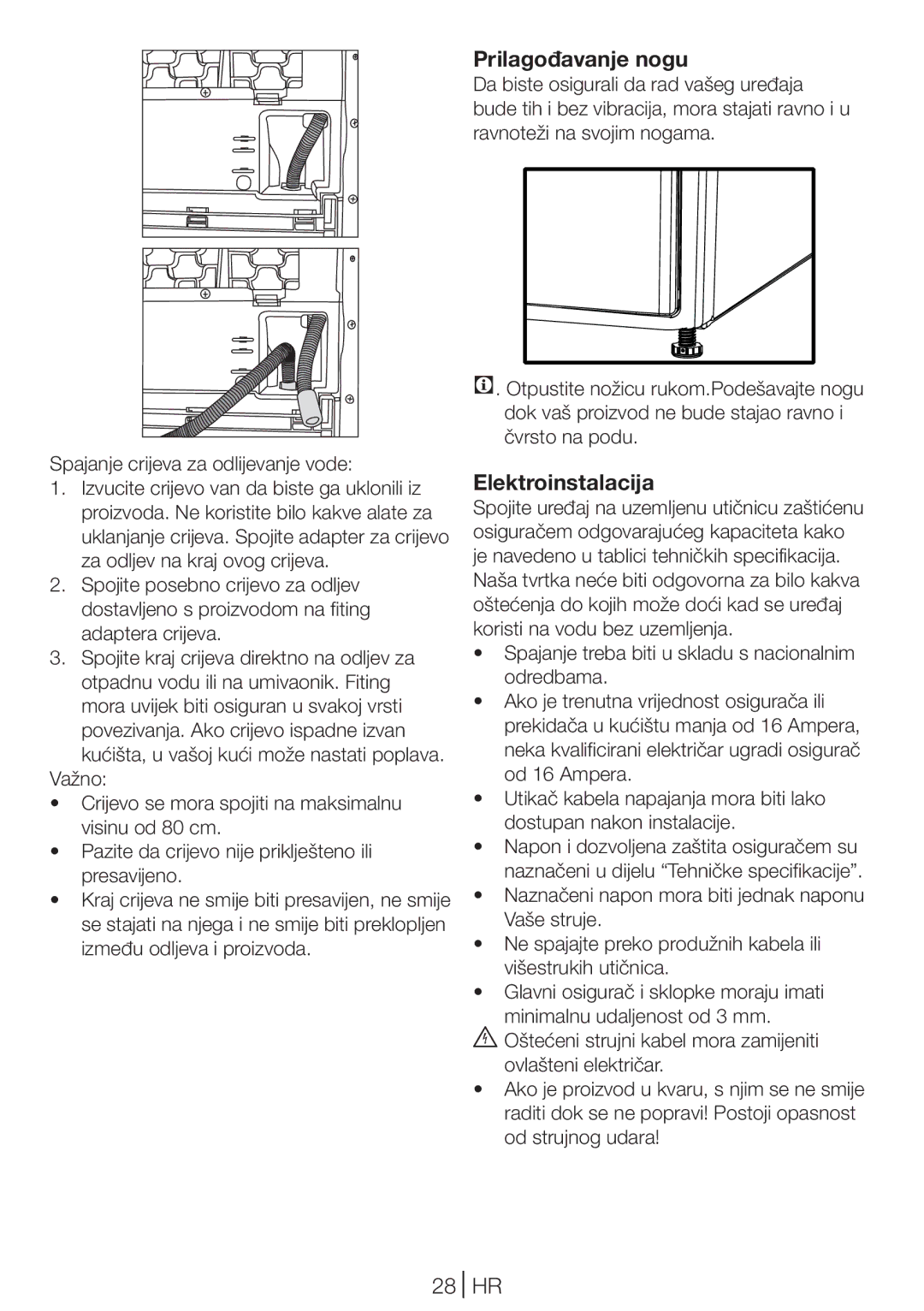 Blomberg TKF 8431 A, TKF 8431 S manual Prilagođavanje nogu, Elektroinstalacija, 28 HR 