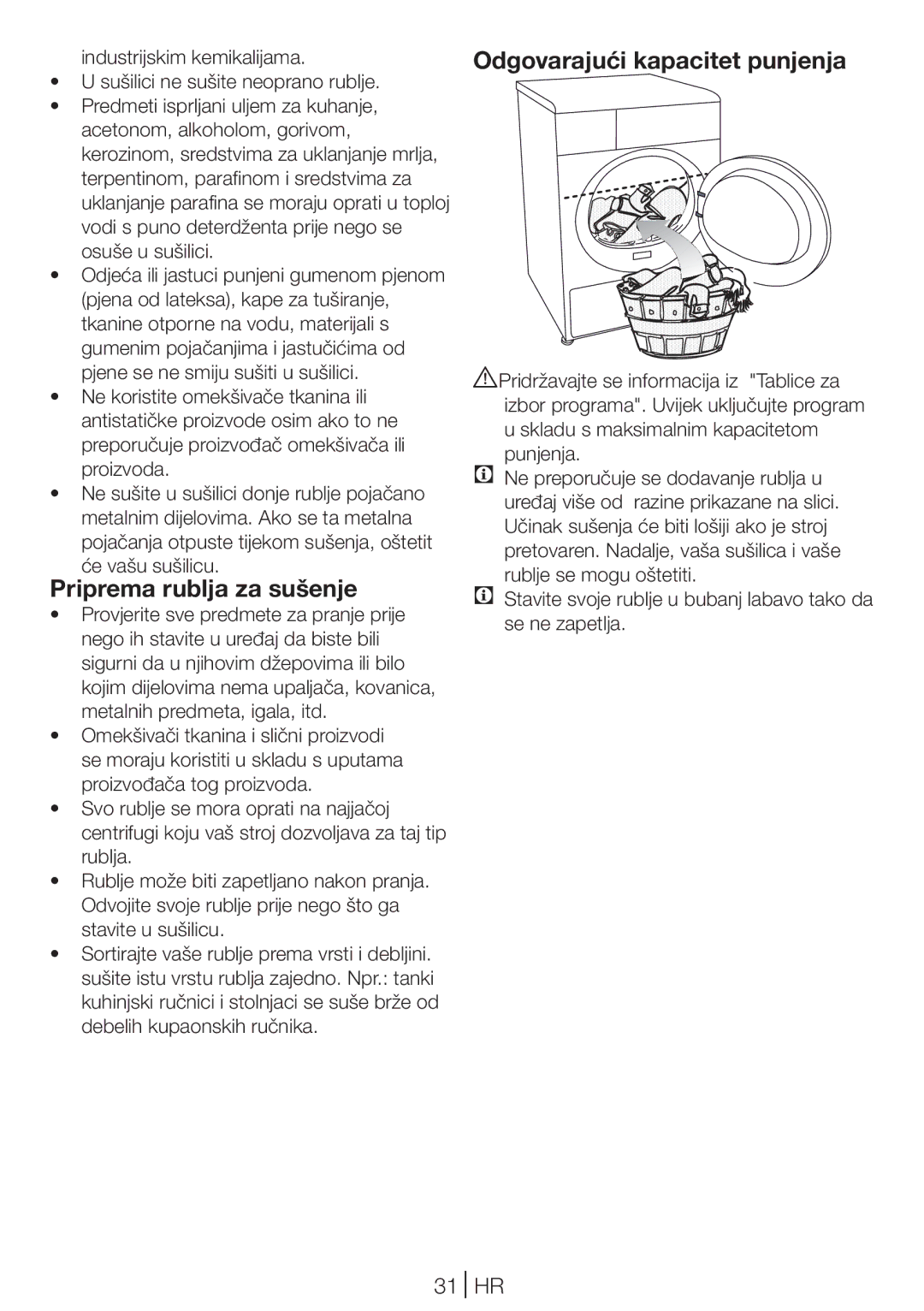 Blomberg TKF 8431 S, TKF 8431 A manual Priprema rublja za sušenje, Odgovarajući kapacitet punjenja, 31 HR 