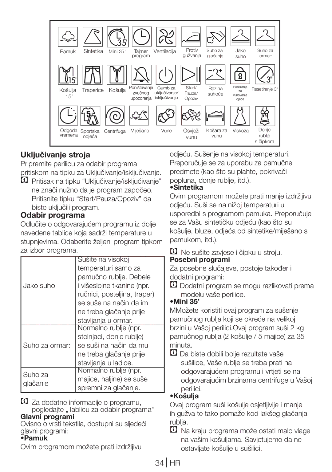 Blomberg TKF 8431 A, TKF 8431 S manual Uključivanje stroja, Odabir programa, 34 HR 