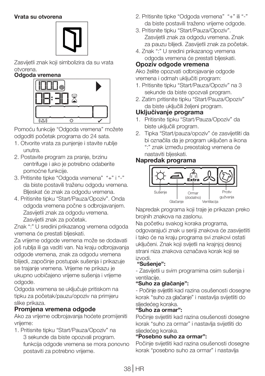 Blomberg TKF 8431 A manual Promjena vremena odgode, Opoziv odgode vremena, Uključivanje programa, Napredak programa, 38 HR 