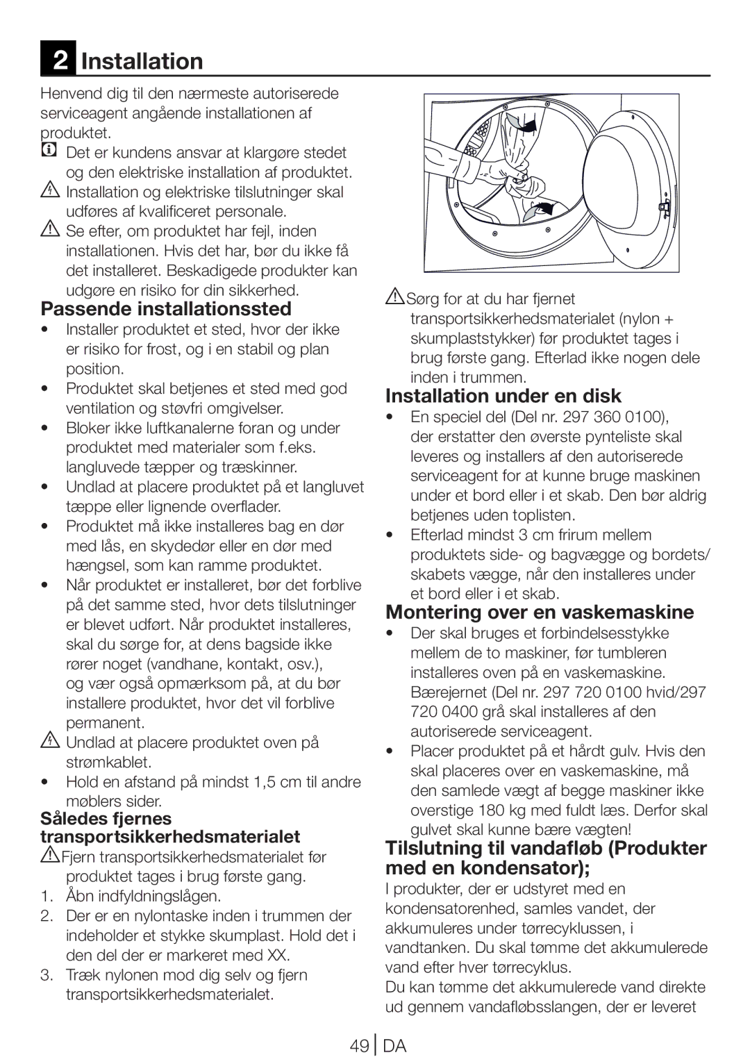 Blomberg TKF 8431 S manual Passende installationssted, Installation under en disk, Montering over en vaskemaskine, 49 DA 