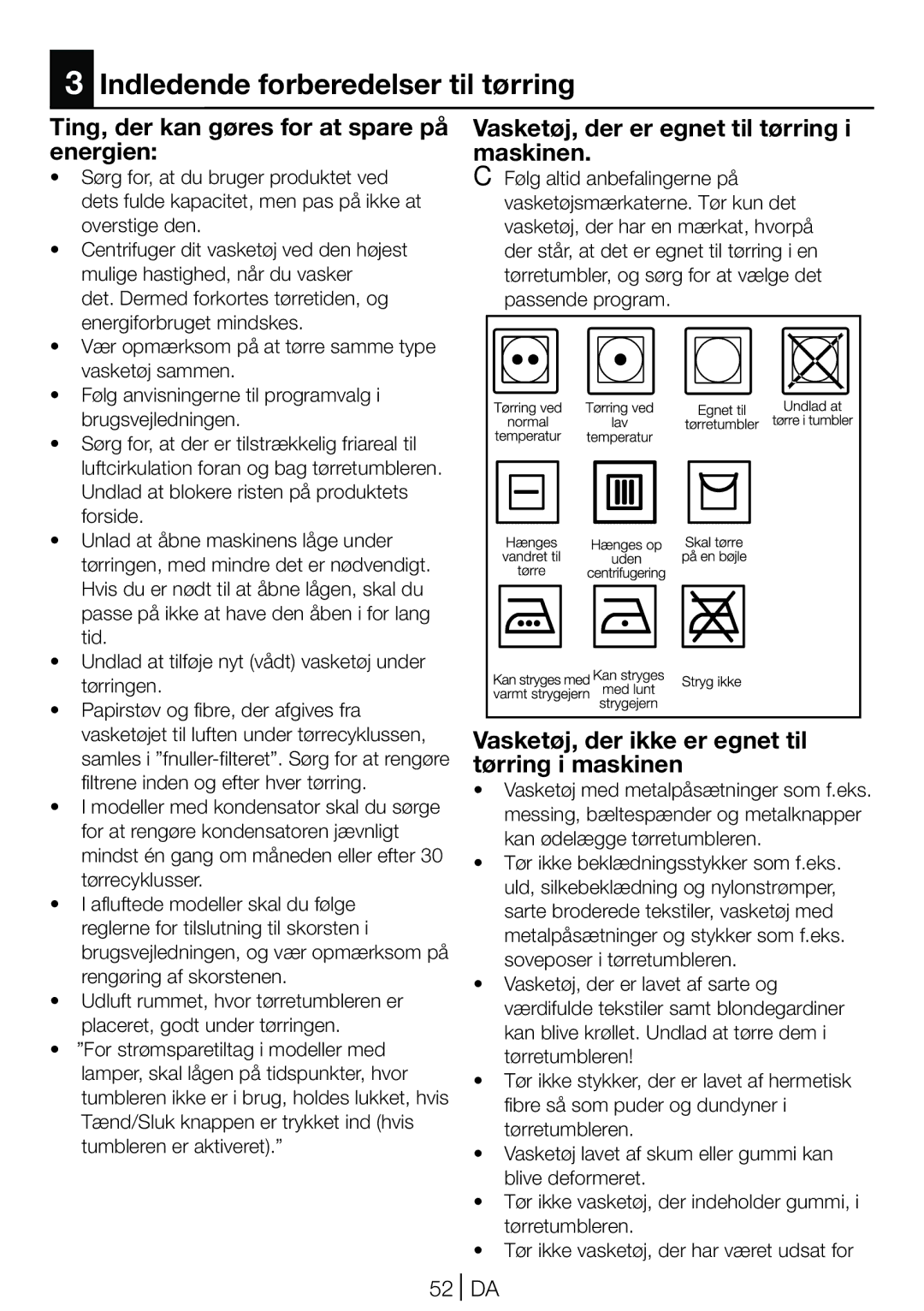 Blomberg TKF 8431 A, TKF 8431 S Indledende forberedelser til tørring, Ting, der kan gøres for at spare på energien, 52 DA 