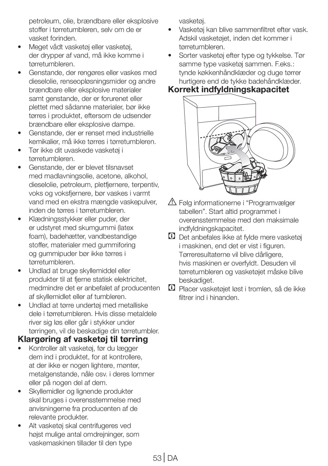 Blomberg TKF 8431 S, TKF 8431 A manual Klargøring af vasketøj til tørring, Korrekt indfyldningskapacitet, 53 DA 