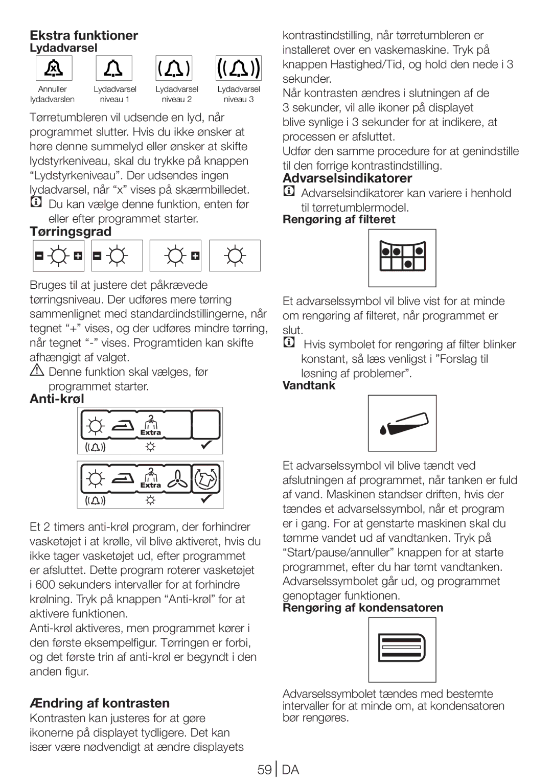 Blomberg TKF 8431 S, TKF 8431 A manual Ekstra funktioner, Tørringsgrad, Anti-krøl, Ændring af kontrasten, 59 DA 