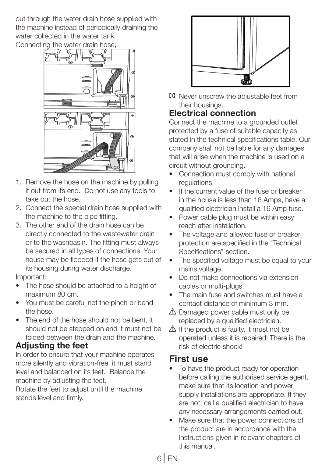 Blomberg TKF 8431 A, TKF 8431 S manual Adjusting the feet, Electrical connection 